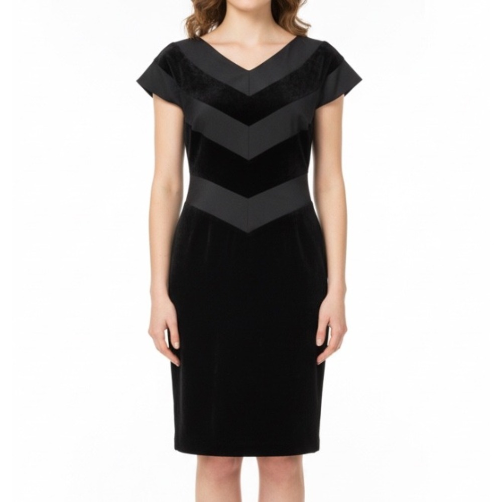 Vtg Francisco BLACK COCKTAIL DRESS Chevron Stripes Velvet & Matte Satin Party 6